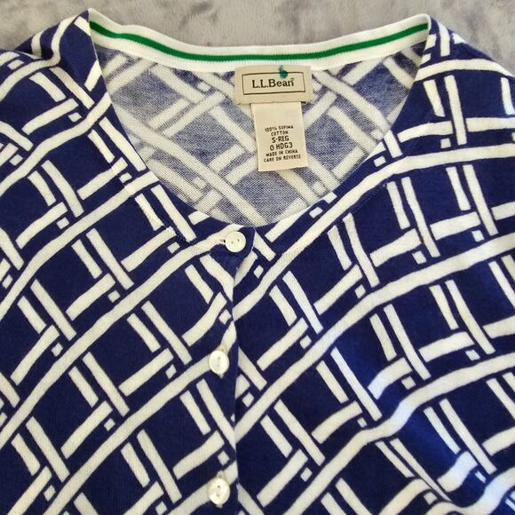 LL Bean Cardigan Sweater Top Womens Small Blue White Supima Cotton Long Sleeve - Picture 2 of 8